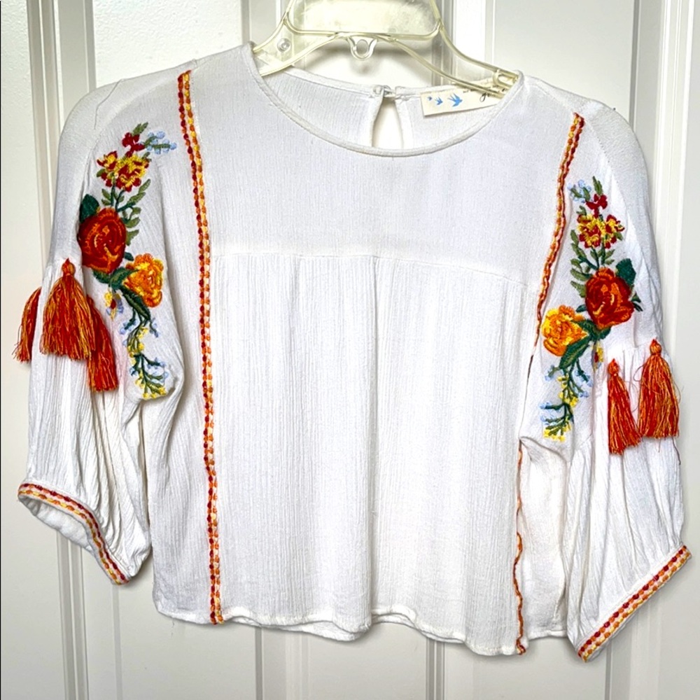 Gauze, cropped embroidered shirt with tassels,